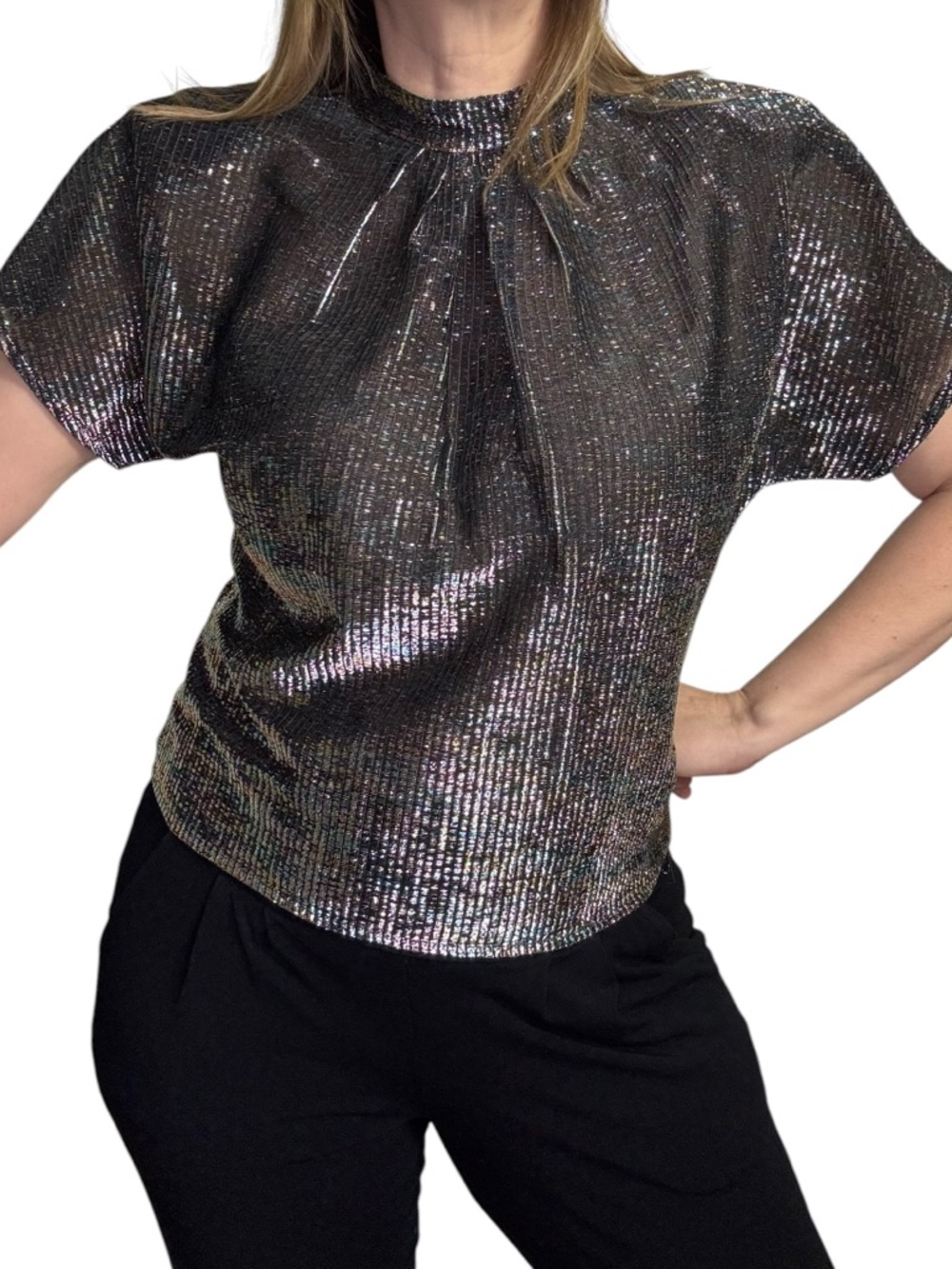 Vintage Metallic Black Shimmer Short Sleeve Top With Buttons On The Back